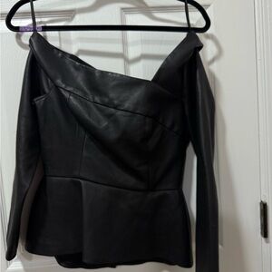 BCBGMaxAzria Off-Shoulder Black Leather Peplum Top